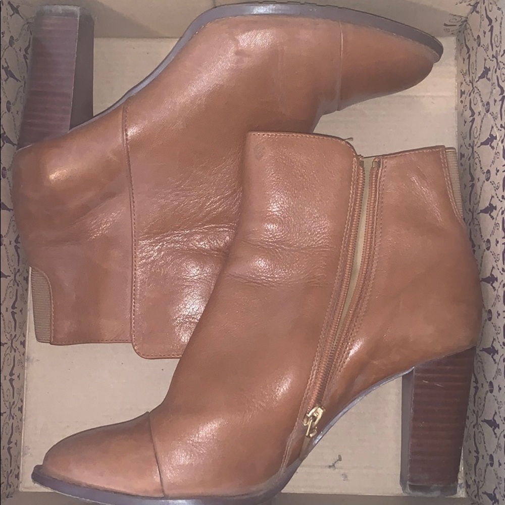 Clark’s brown booties with a heel
